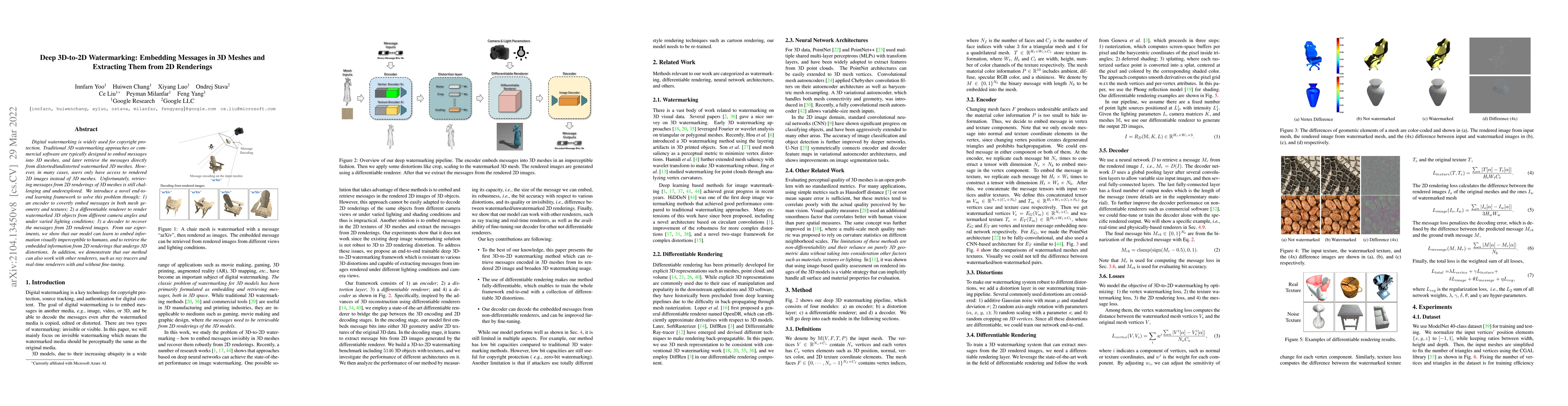 Thumbnail for Deep 3D-to-2D Watermarking: Embedding Messages in 3D Meshes and
  Extracting Them from 2D Renderings