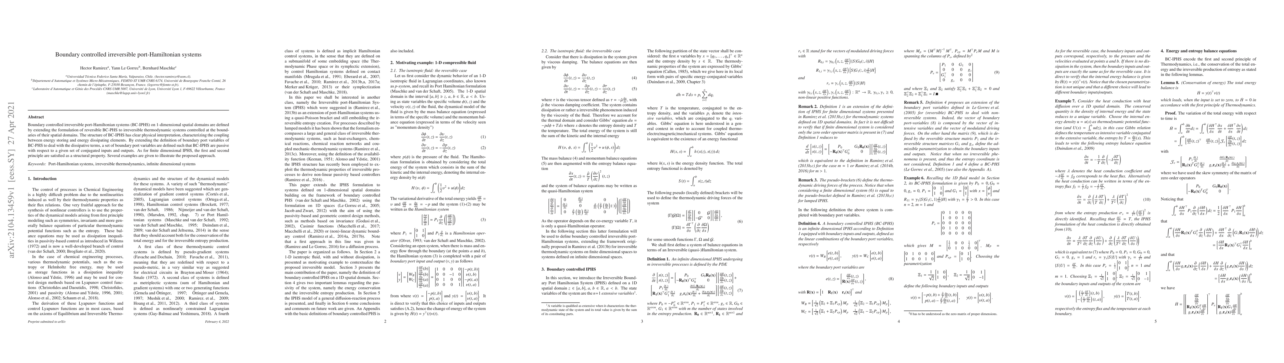 Thumbnail for Boundary controlled irreversible port-Hamiltonian systems