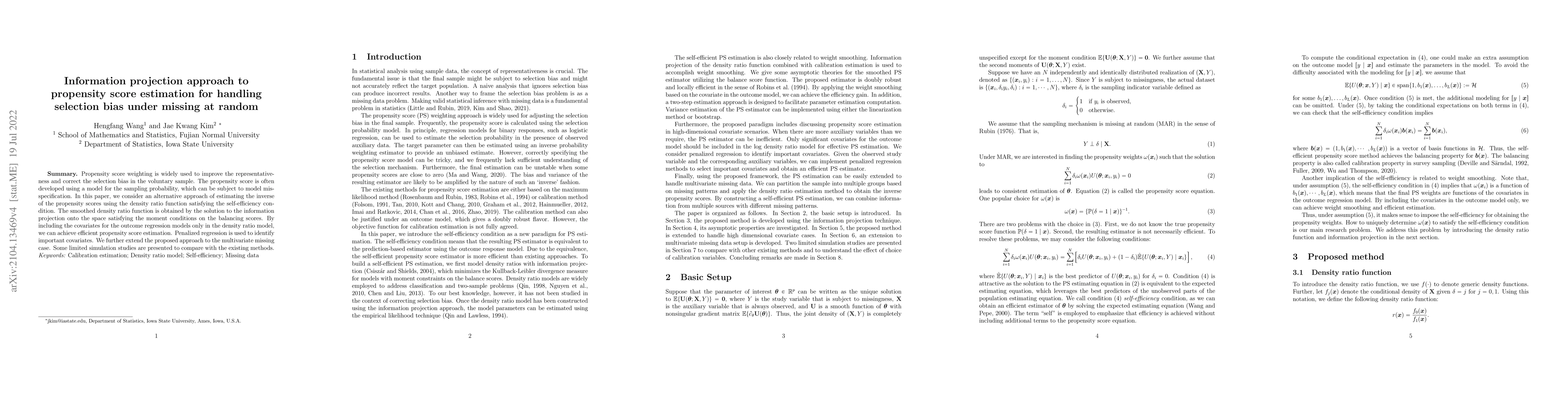Thumbnail for Information projection approach to propensity score estimation for
  handling selection bias under missing at random