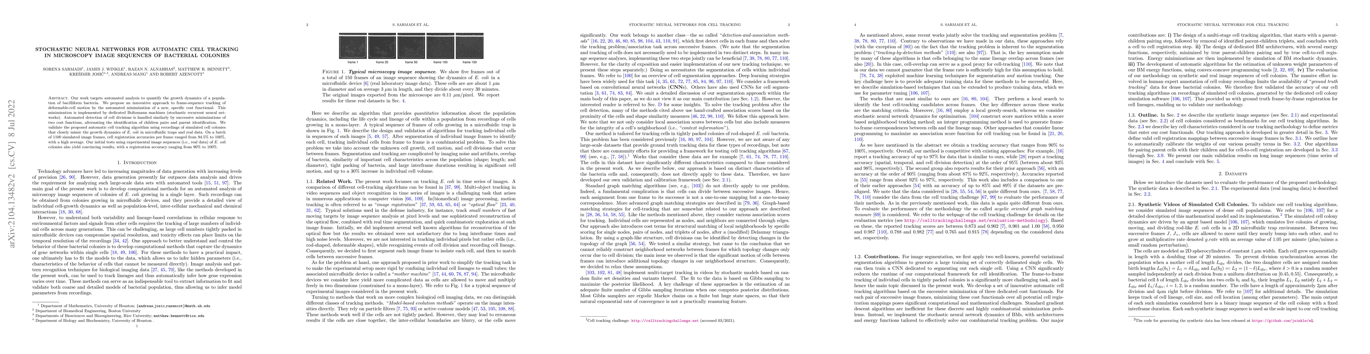 Thumbnail for Stochastic Neural Networks for Automatic Cell Tracking in Microscopy
  Image Sequences of Bacterial Colonies