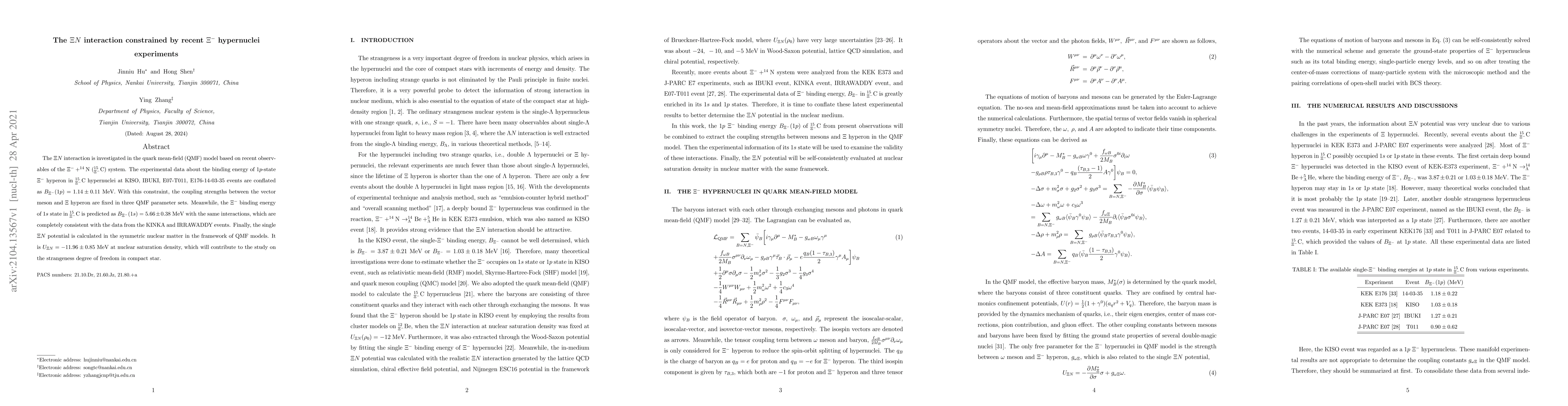 Thumbnail for The $\Xi N$ interaction constrained by recent $\Xi^-$ hypernuclei
  experiments