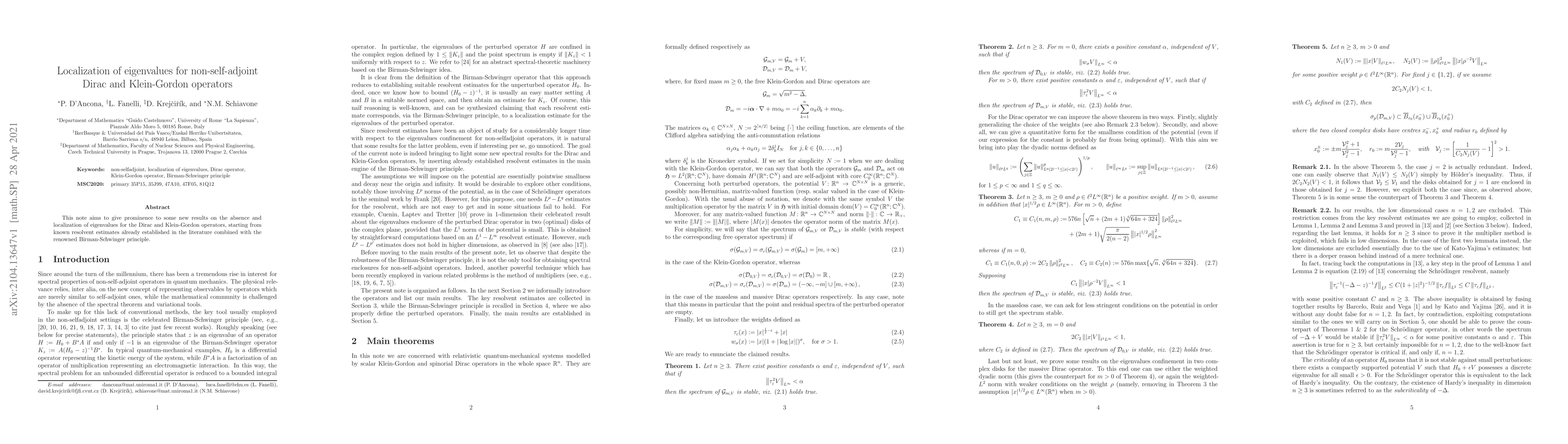 Thumbnail for Localization of eigenvalues for non-self-adjoint Dirac and Klein-Gordon
  operators