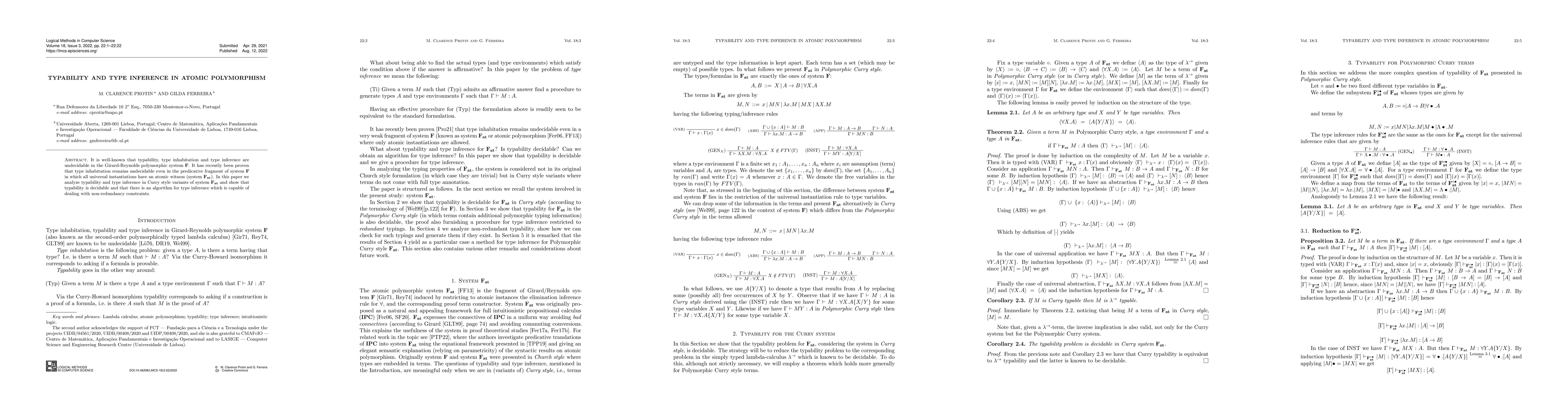 Thumbnail for Typability and Type Inference in Atomic Polymorphism