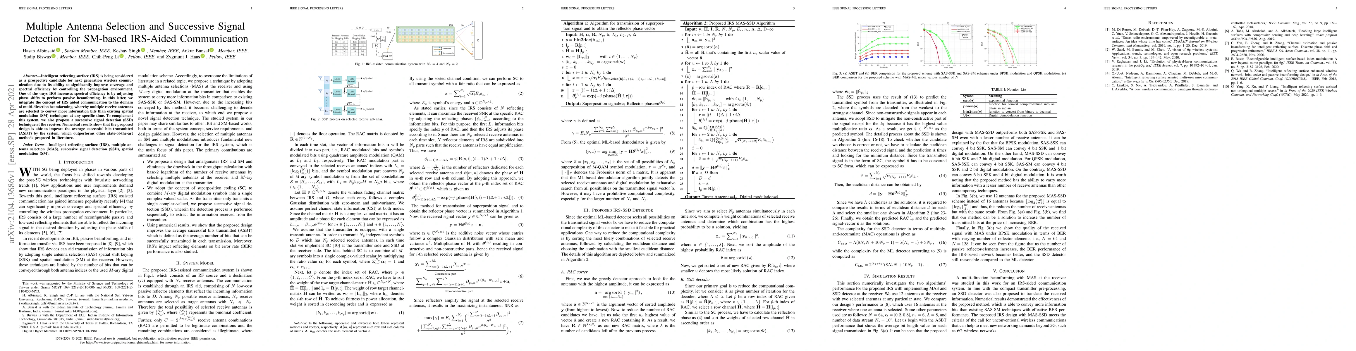 Thumbnail for Multiple Antenna Selection and Successive Signal Detection for SM-based
  IRS-aided Communication