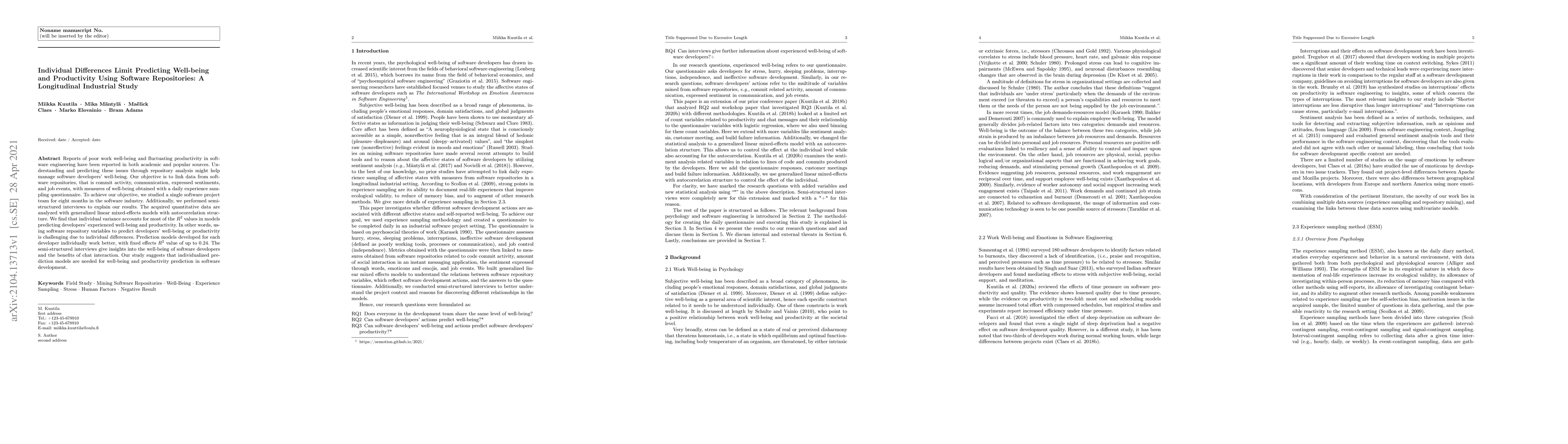 Thumbnail for Individual Differences Limit Predicting Well-being and Productivity
  Using Software Repositories: A Longitudinal Industrial Study