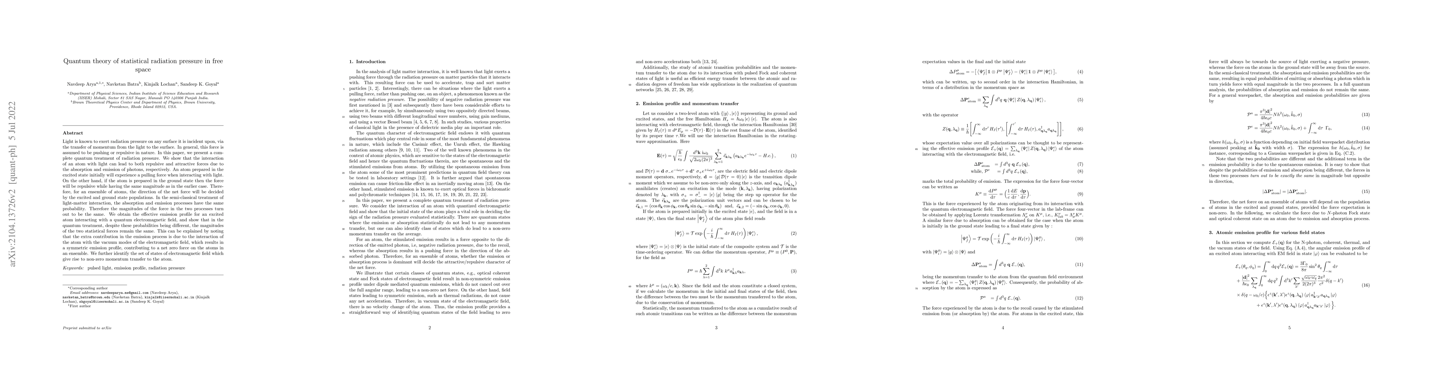 Thumbnail for Quantum theory of statistical radiation pressure in free space