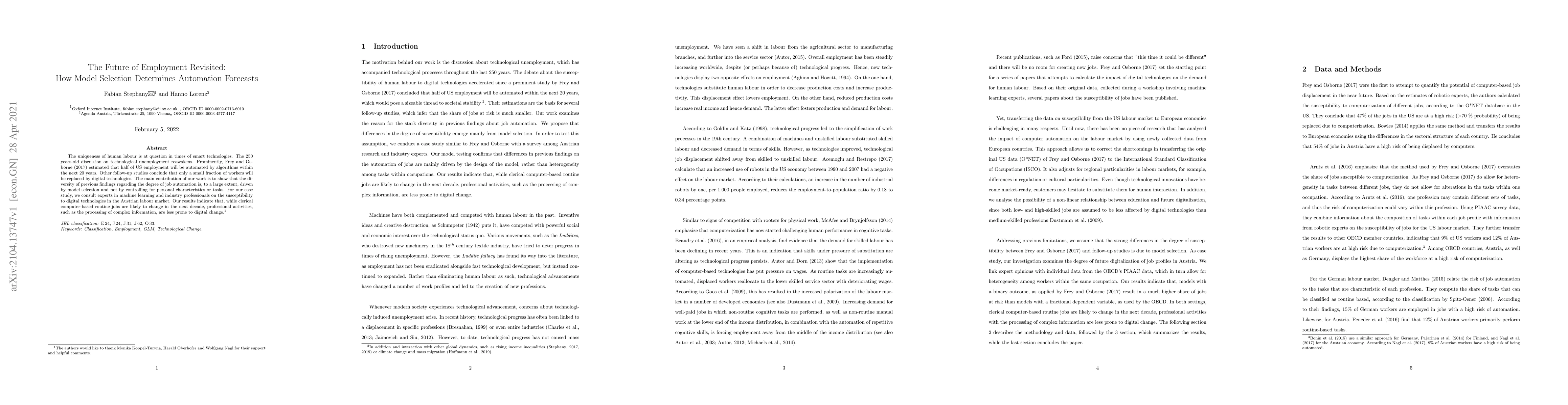 Thumbnail for The Future of Employment Revisited: How Model Selection Determines
  Automation Forecasts