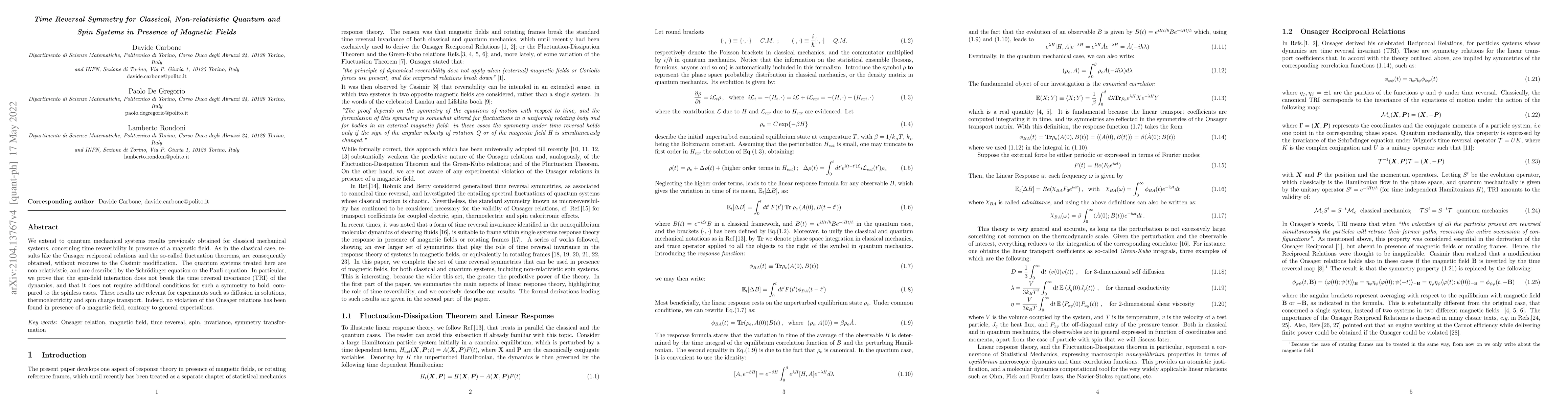 Thumbnail for Time Reversal Symmetry for Classical, Nonrelativistic Quantum and Spin
  Systems in Presence of Magnetic Fields