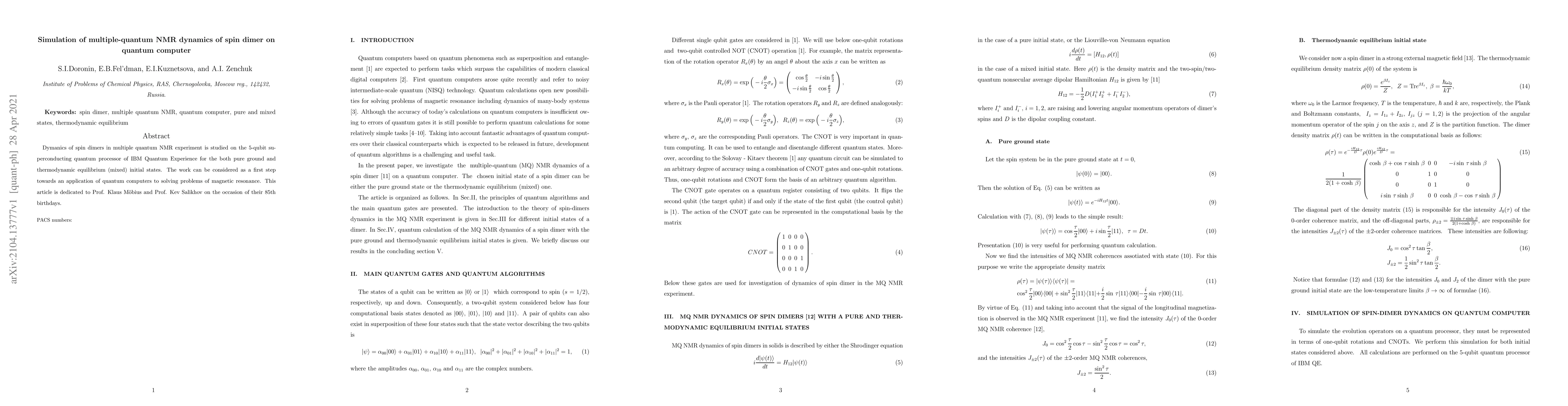 Thumbnail for Simulation of multiple-quantum NMR dynamics of spin dimer on quantum
  computer