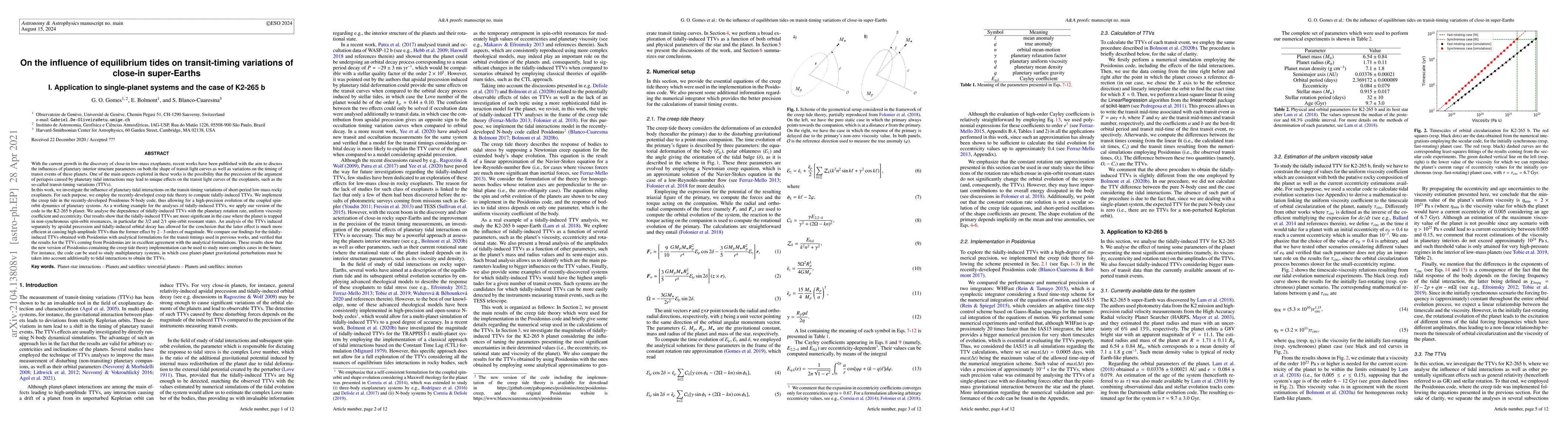 Thumbnail for On the influence of equilibrium tides on transit-timing variations of
  close-in super-Earths. I. Application to single-planet systems and the case
  of K2-265 b