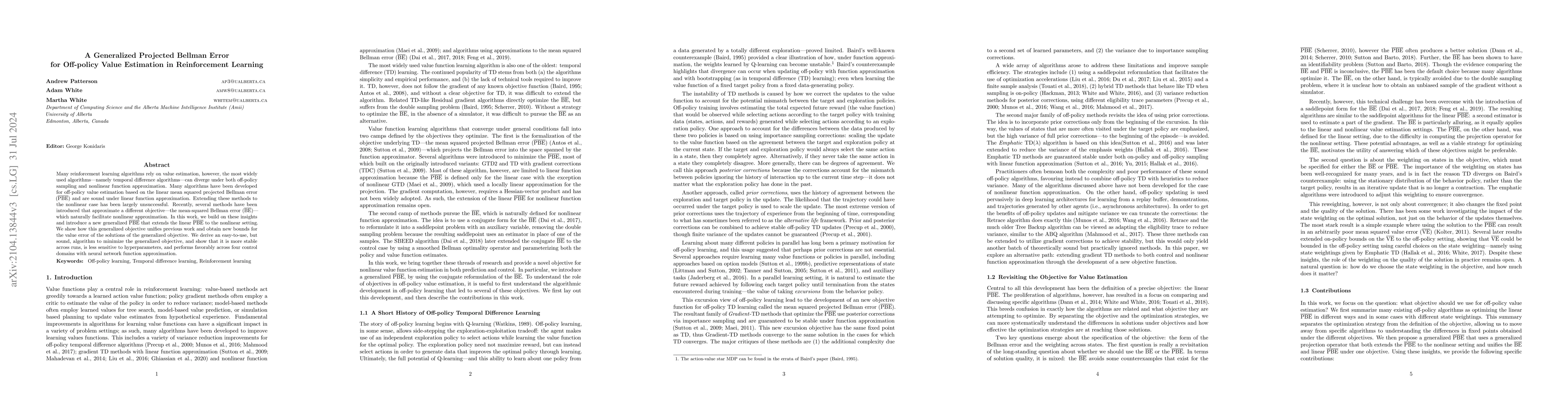 Thumbnail for A Generalized Projected Bellman Error for Off-policy Value Estimation in
  Reinforcement Learning