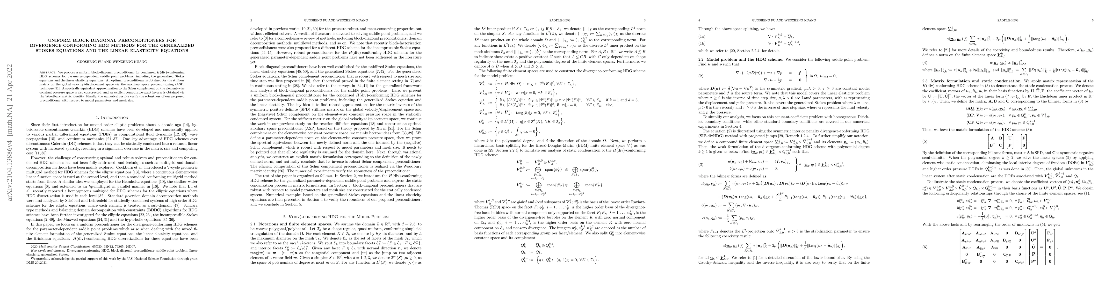 Thumbnail for Uniform block-diagonal preconditioners for divergence-conforming HDG
  Methods for the generalized Stokes equations and the linear elasticity
  equations