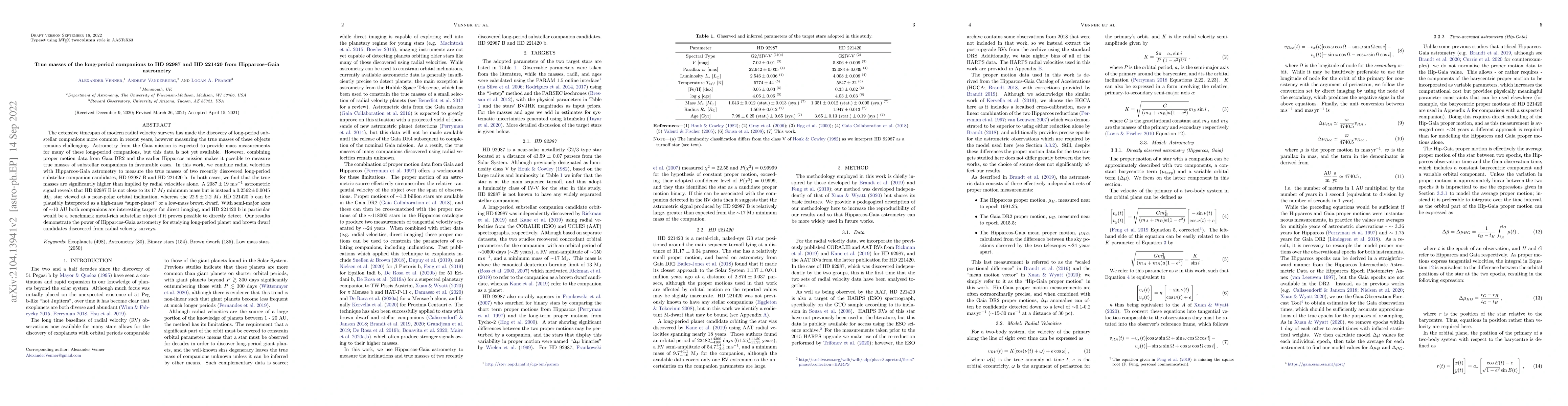 Thumbnail for True masses of the long-period companions to HD 92987 and HD 221420 from
  Hipparcos-Gaia astrometry