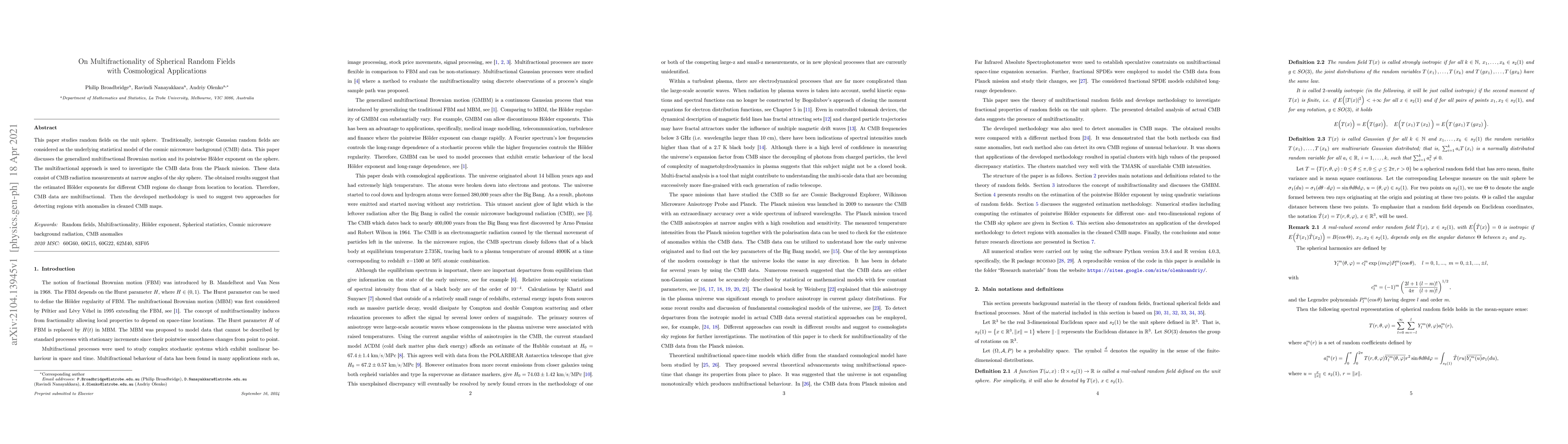Thumbnail for On Multifractionality of Spherical Random Fields with Cosmological
  Applications