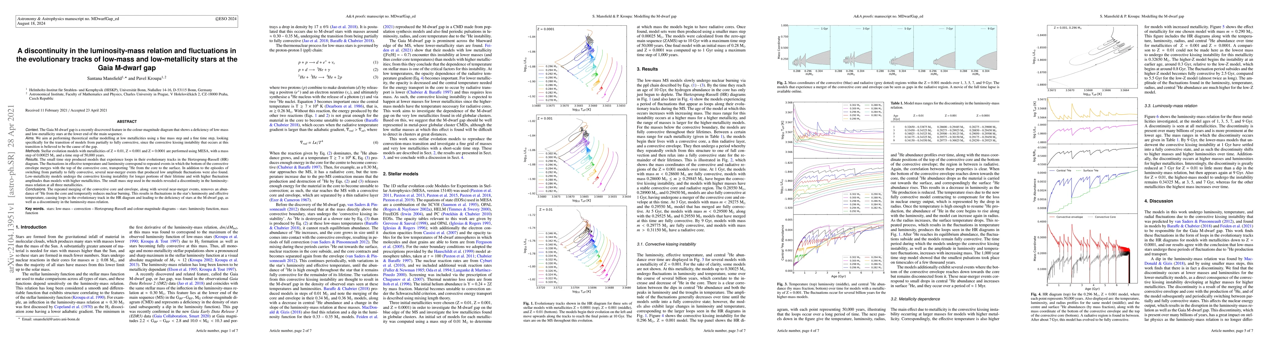 Thumbnail for A discontinuity in the luminosity-mass relation and fluctuations in the
  evolutionary tracks of low-mass and low-metallicity stars at the Gaia M-dwarf
  gap