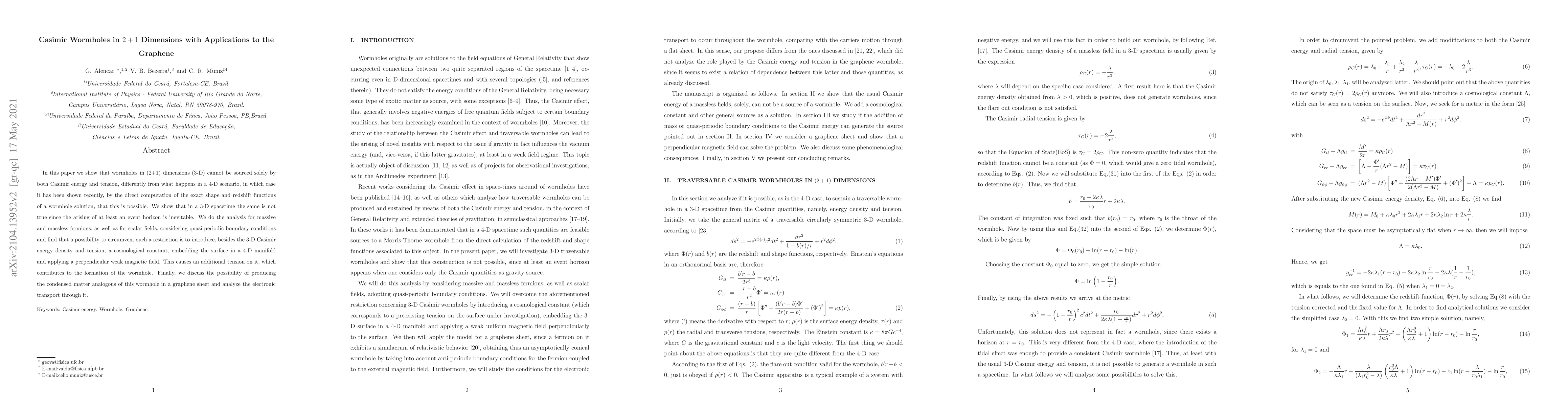 Thumbnail for Casimir Wormholes in (2+1) Dimensions with Applications to the Graphene
