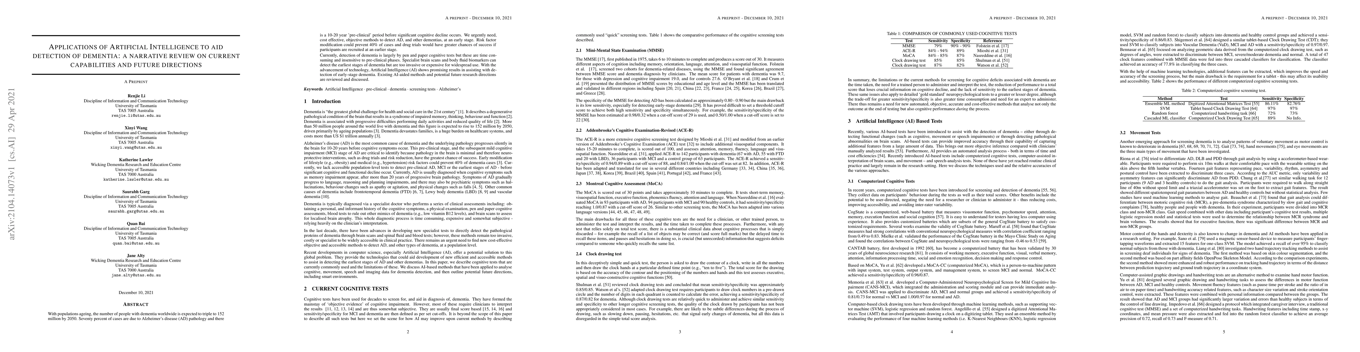 Thumbnail for Applications of Artificial Intelligence to aid detection of dementia: a
  narrative review on current capabilities and future directions