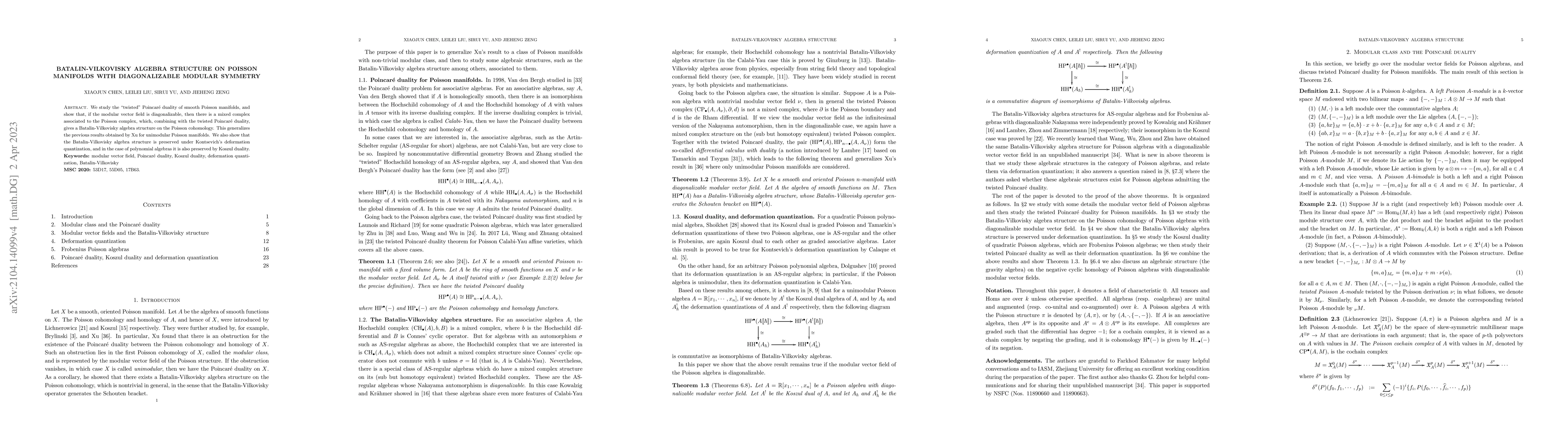 Thumbnail for Batalin-Vilkovisky algebra structure on Poisson manifolds with
  diagonalizable modular symmetry