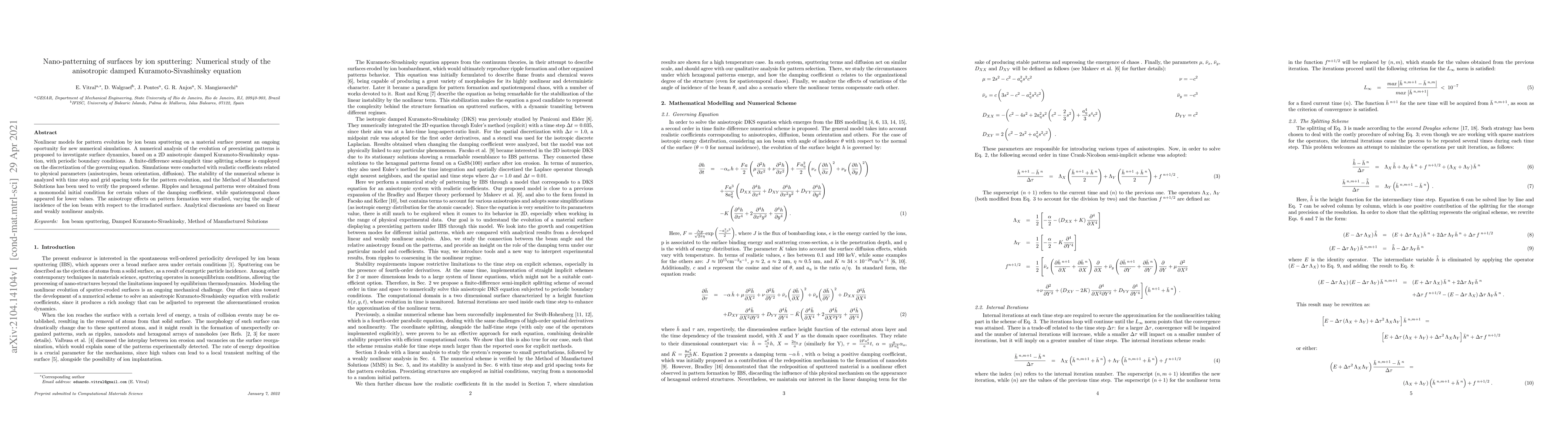 Thumbnail for Nano-patterning of surfaces by ion sputtering: Numerical study of the
  anisotropic damped Kuramoto-Sivashinsky equation