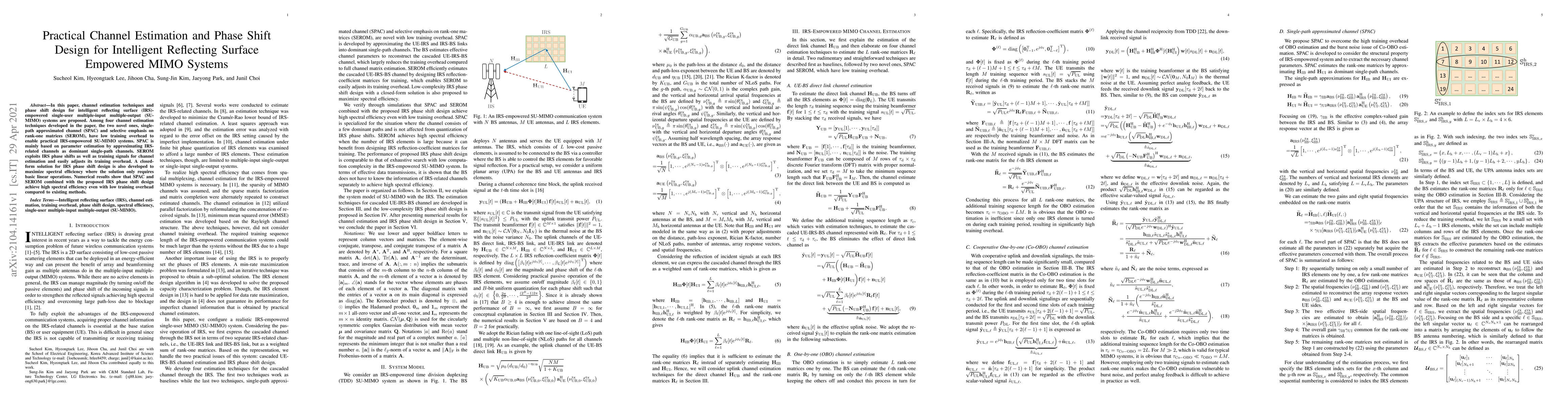 Thumbnail for Practical Channel Estimation and Phase Shift Design for Intelligent
  Reflecting Surface Empowered MIMO Systems