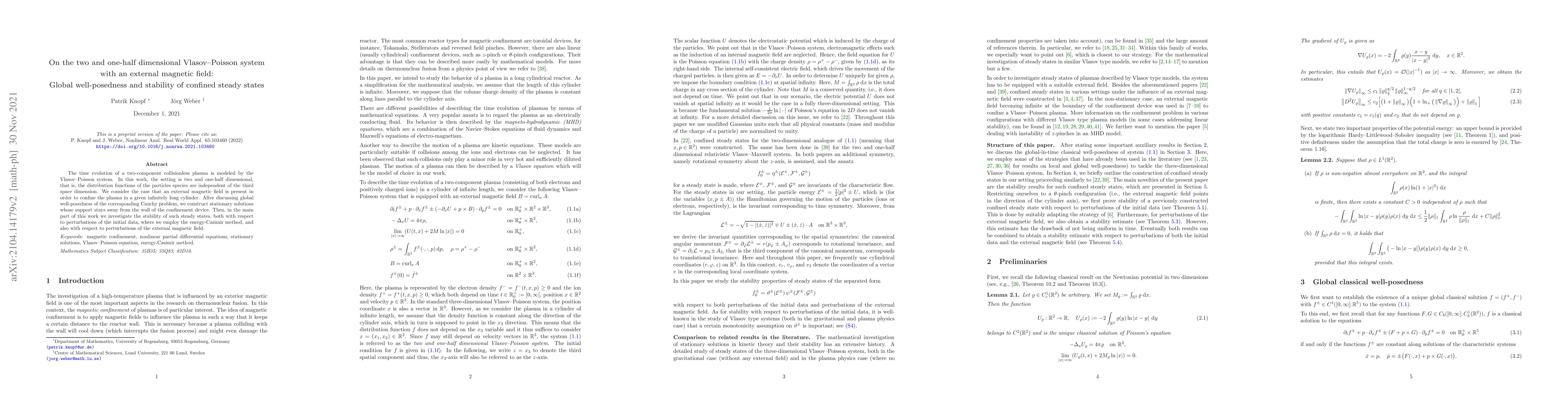 Thumbnail for On the two and one-half dimensional Vlasov-Poisson system with an
  external magnetic field: global well-posedness and stability of confined
  steady states