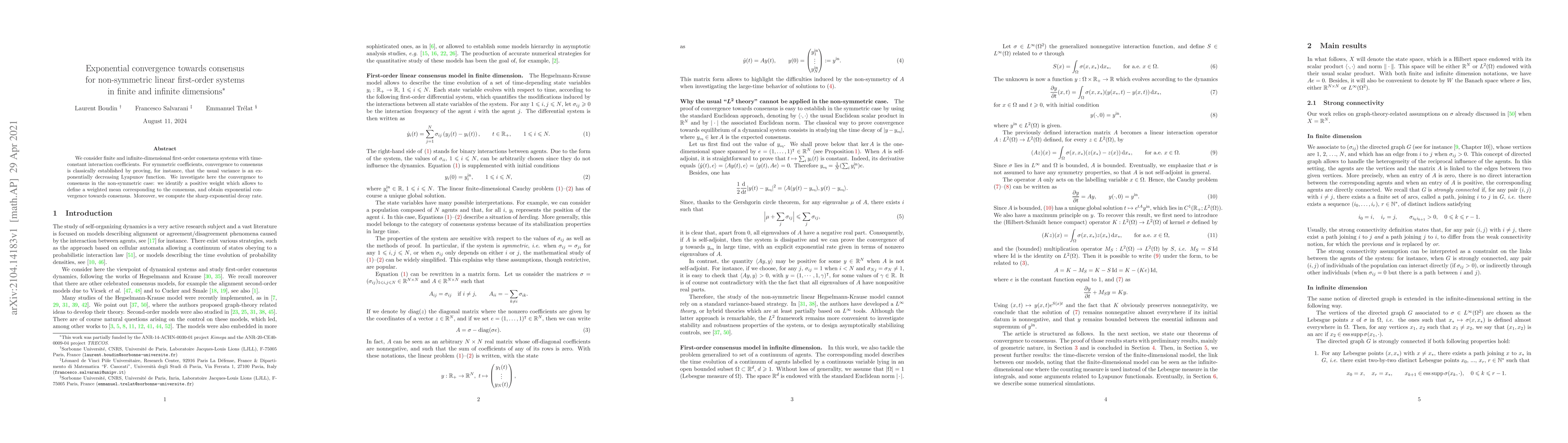 Thumbnail for Exponential convergence towards consensus for non-symmetric linear
  first-order systems in finite and infinite dimensions