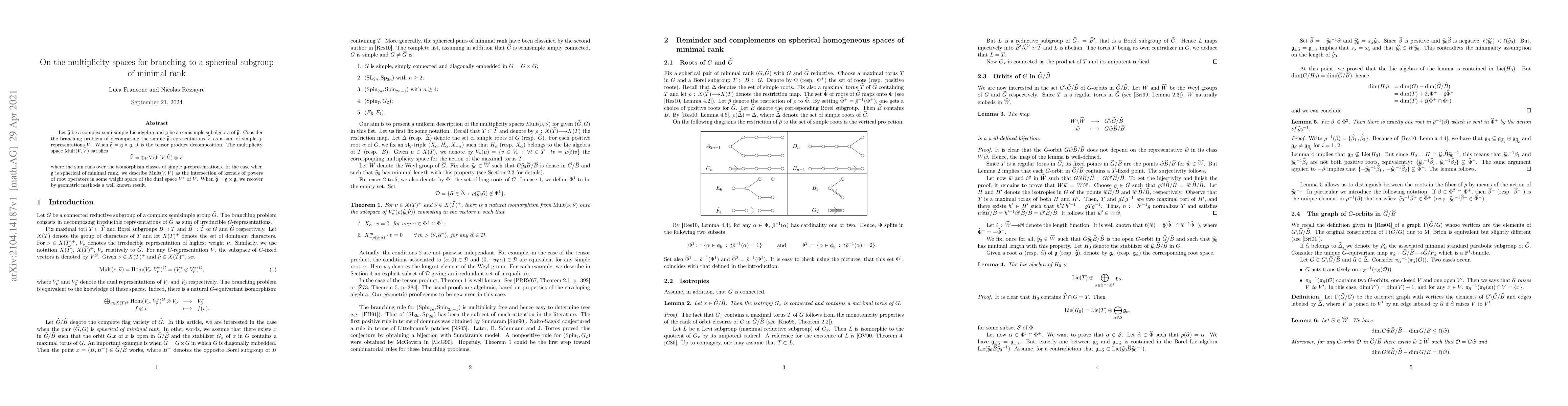 Thumbnail for On the multiplicity spaces for branching to a spherical subgroup of
  minimal rank