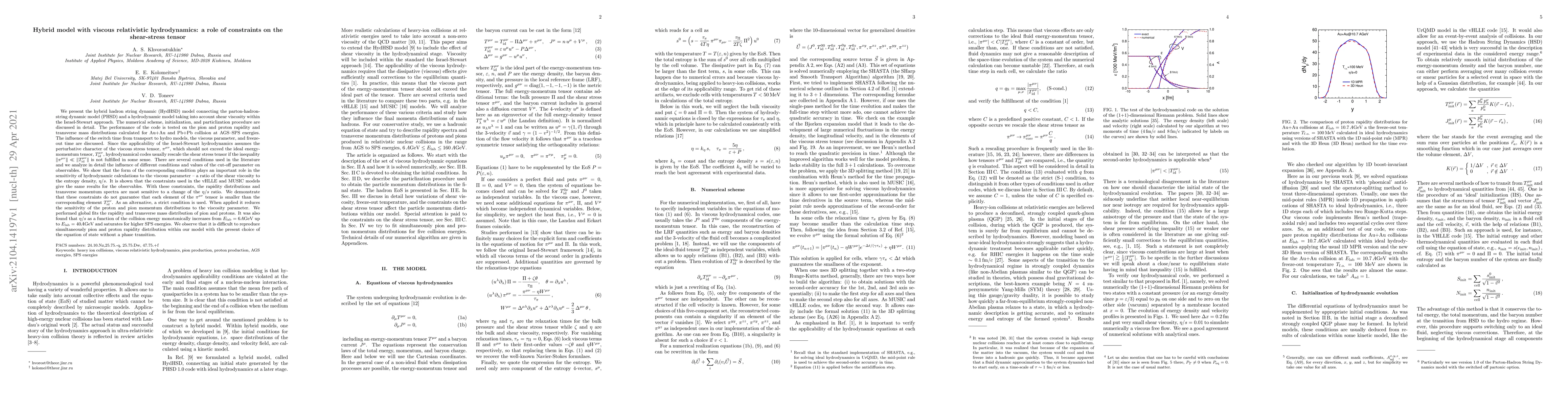 Thumbnail for Hybrid model with viscous relativistic hydrodynamics: a role of
  constraints on the shear-stress tensor