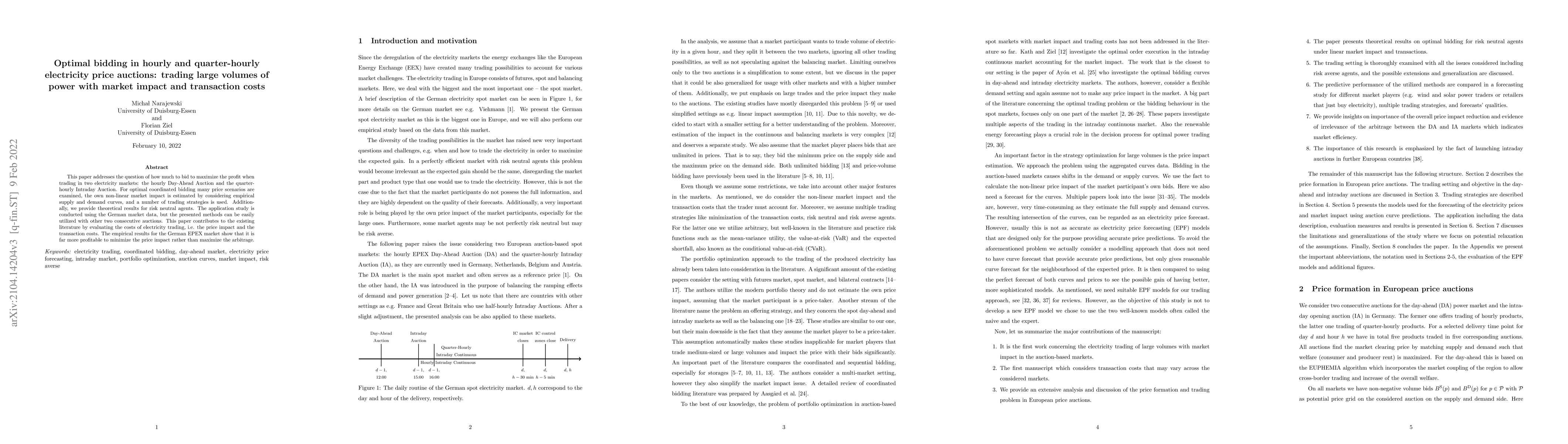 Thumbnail for Optimal bidding in hourly and quarter-hourly electricity price auctions:
  trading large volumes of power with market impact and transaction costs