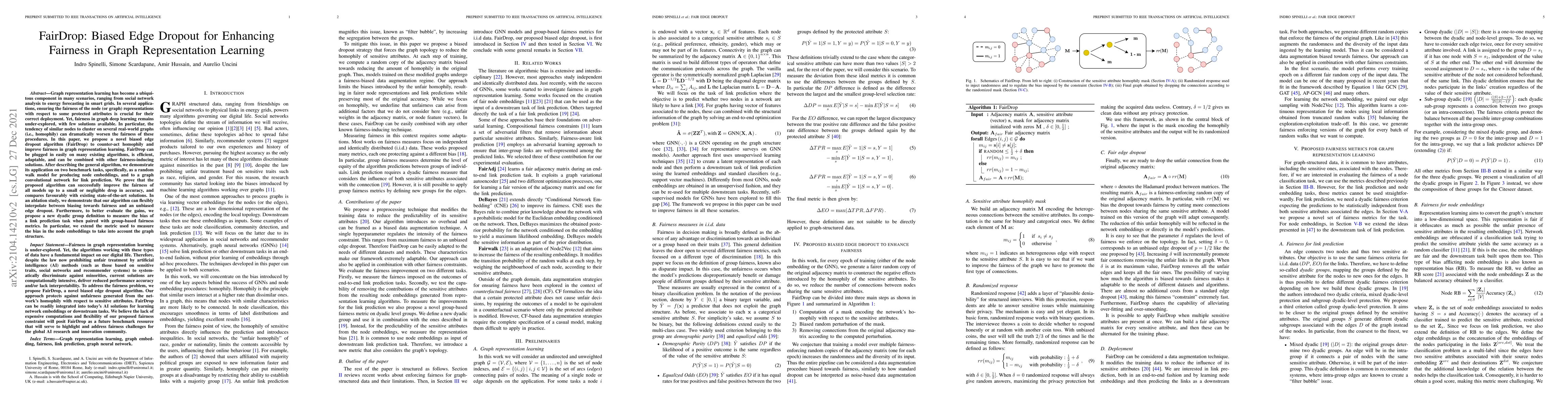 Thumbnail for FairDrop: Biased Edge Dropout for Enhancing Fairness in Graph
  Representation Learning