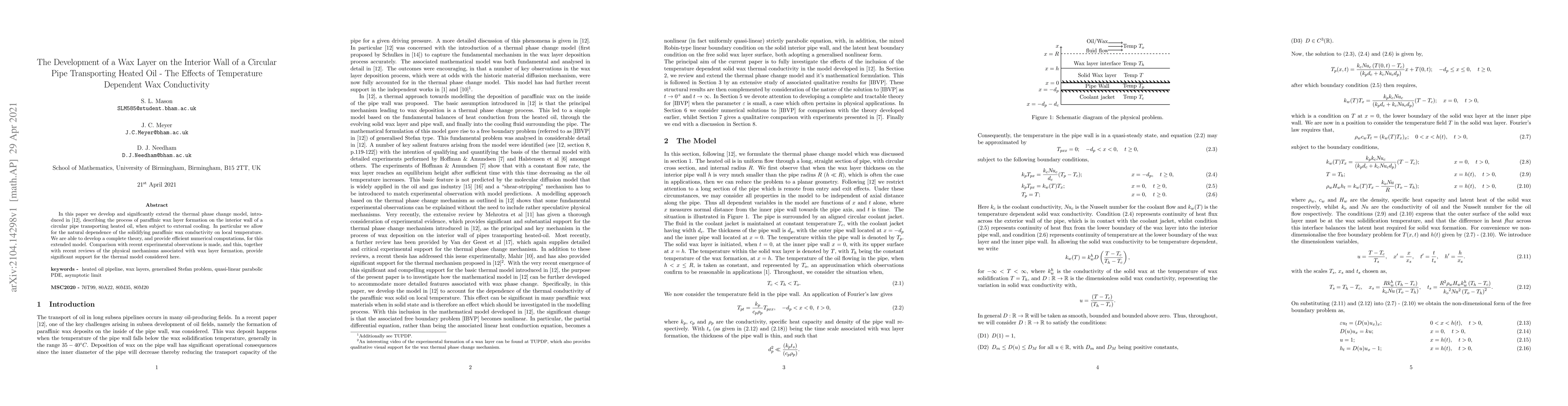 Thumbnail for The Development of a Wax Layer on the Interior Wall of a Circular Pipe
  Transporting Heated Oil -- The Effects of Temperature Dependent Wax
  Conductivity