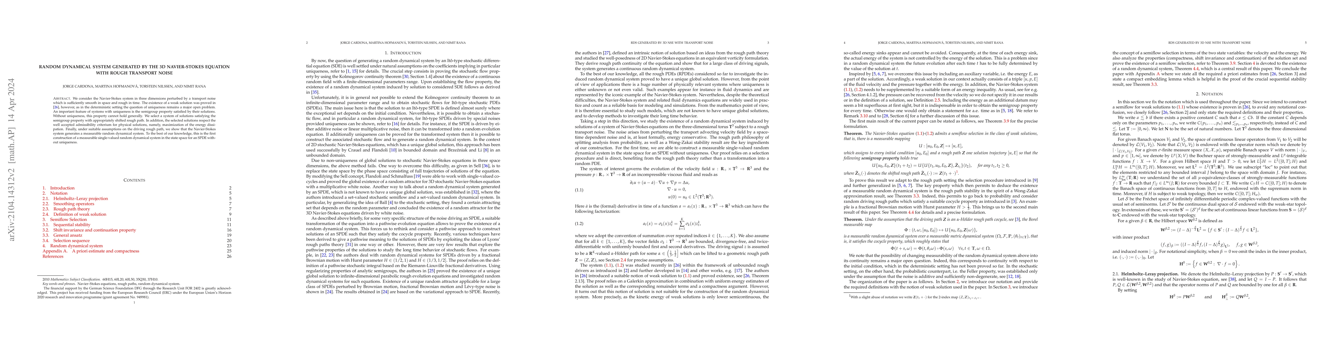 Thumbnail for Random dynamical system generated by the 3D Navier-Stokes equation with
  rough transport noise
