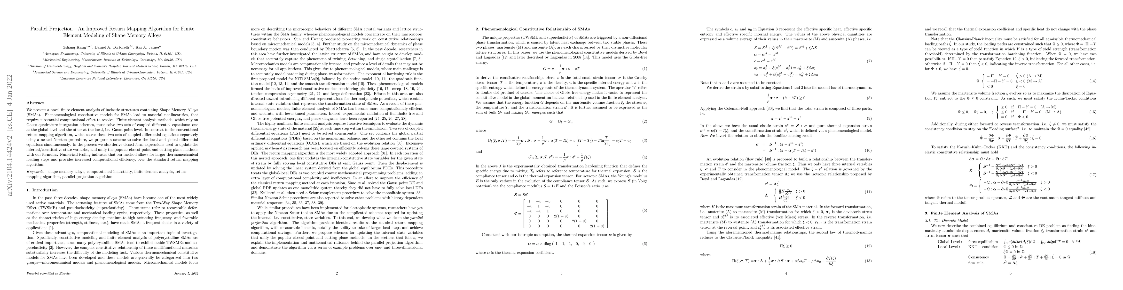 Thumbnail for Parallel Projection---An Improved Return Mapping Algorithm for Finite
  Element Modeling of Shape Memory Alloys