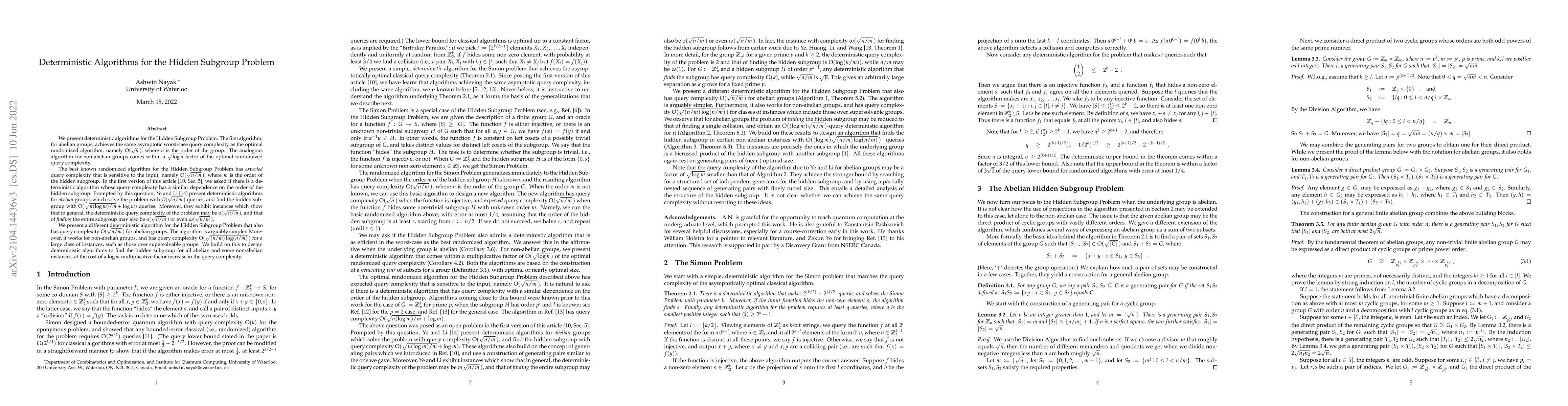 Thumbnail for Deterministic Algorithms for the Hidden Subgroup Problem