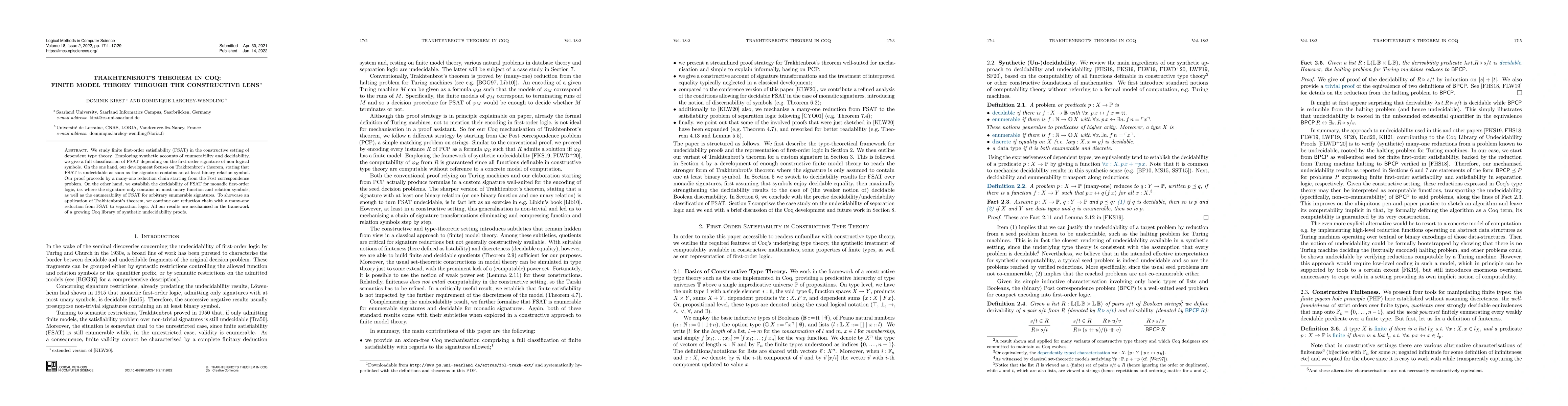 Thumbnail for Trakhtenbrot's Theorem in Coq: Finite Model Theory through the
  Constructive Lens