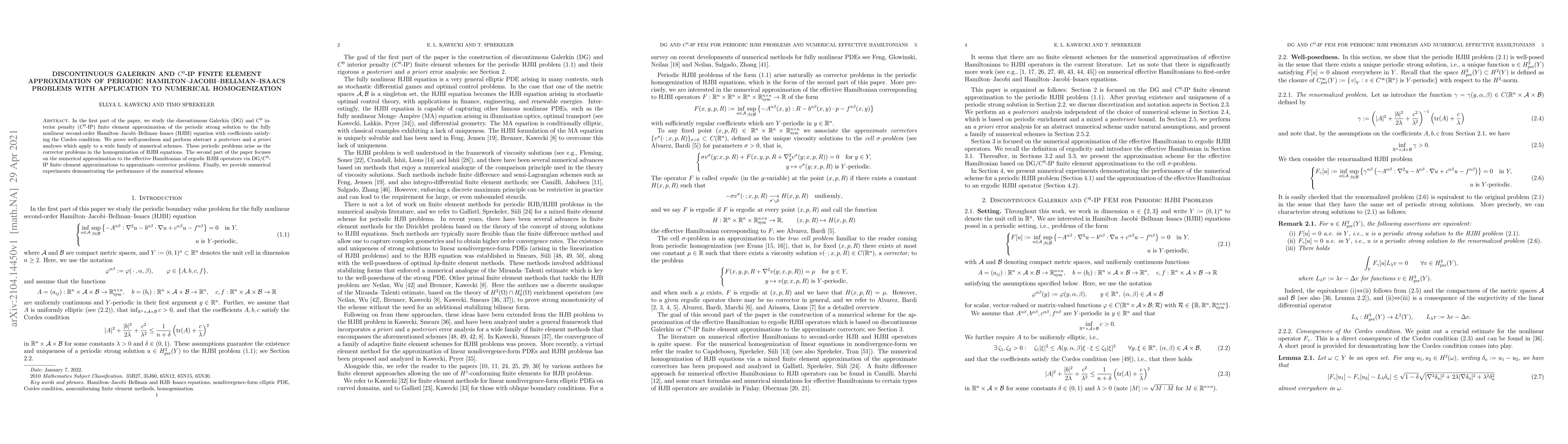 Thumbnail for Discontinuous Galerkin and $C^0$-IP finite element approximation of
  periodic Hamilton--Jacobi--Bellman--Isaacs problems with application to
  numerical homogenization