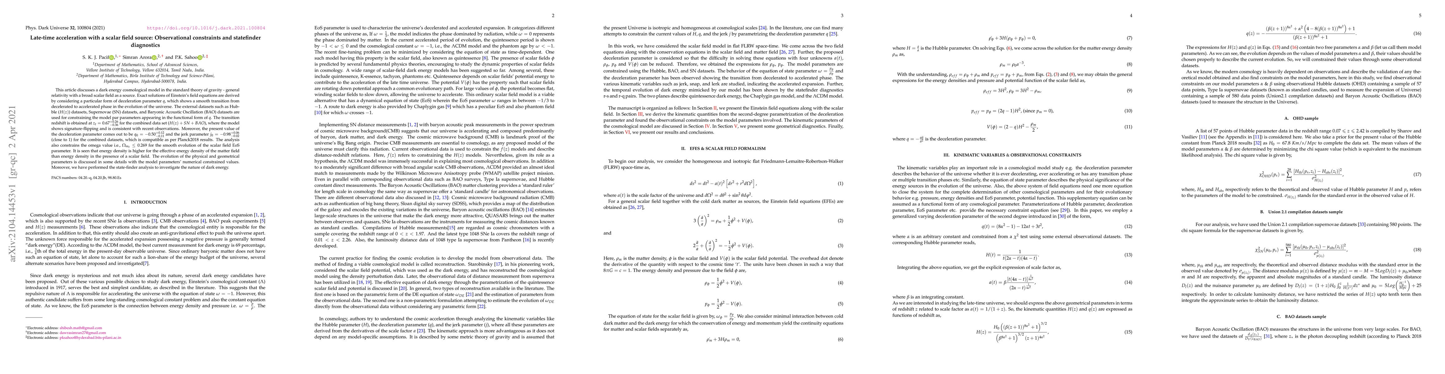 Thumbnail for Late-time acceleration with a scalar field source: Observational
  constraints and statefinder diagnostics