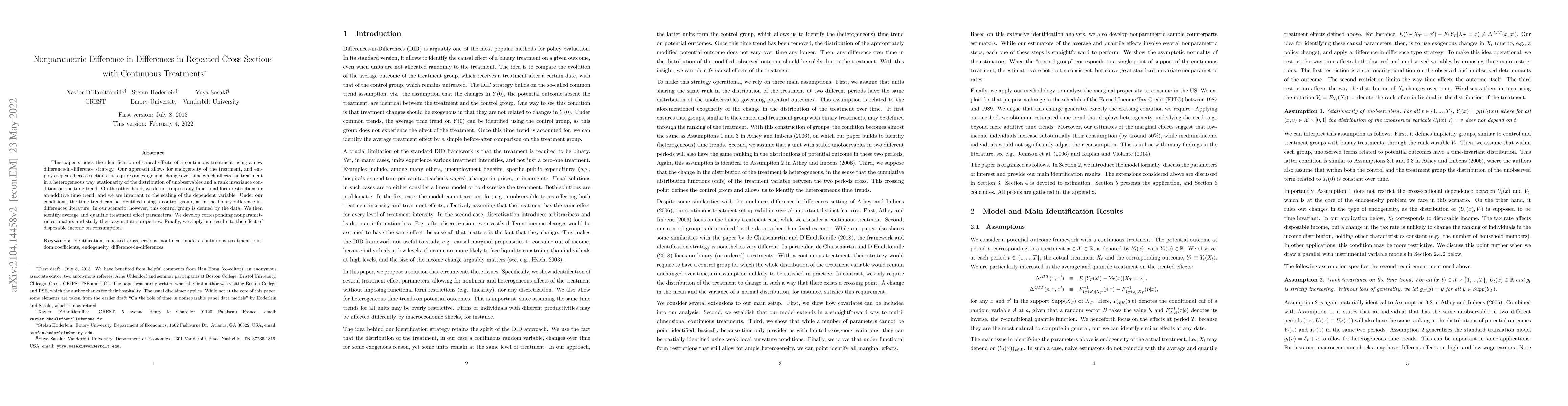 Thumbnail for Nonparametric Difference-in-Differences in Repeated Cross-Sections with
  Continuous Treatments