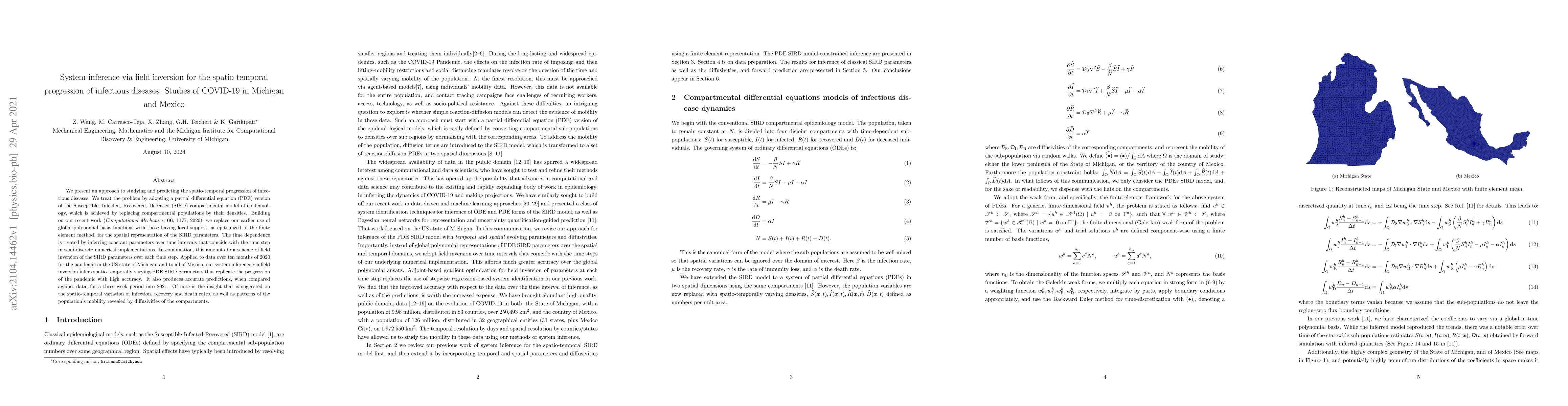 Thumbnail for System inference via field inversion for the spatio-temporal progression
  of infectious diseases: Studies of COVID-19 in Michigan and Mexico