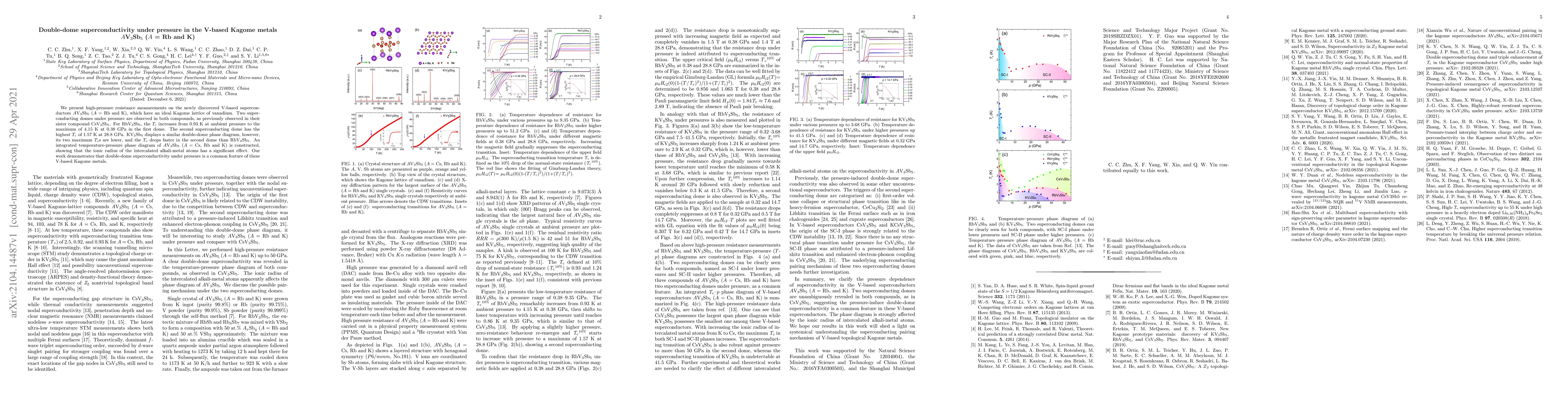 Thumbnail for Double-dome superconductivity under pressure in the V-based Kagome
  metals AV3Sb5 (A = Rb and K)