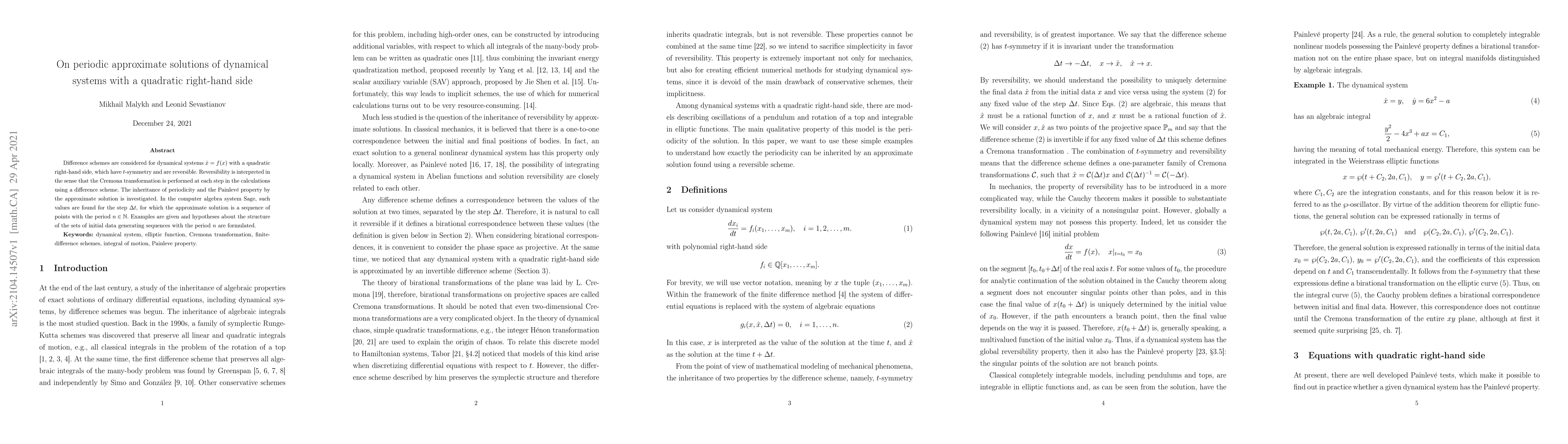 Thumbnail for On periodic approximate solutions of dynamical systems with a quadratic
  right-hand side