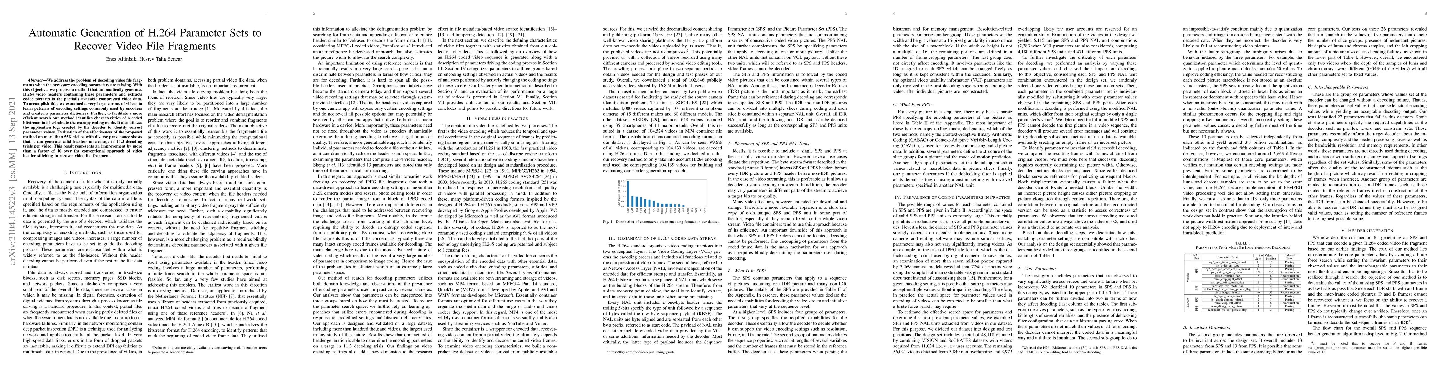 Thumbnail for Automatic Generation of H.264 Parameter Sets to Recover Video File
  Fragments