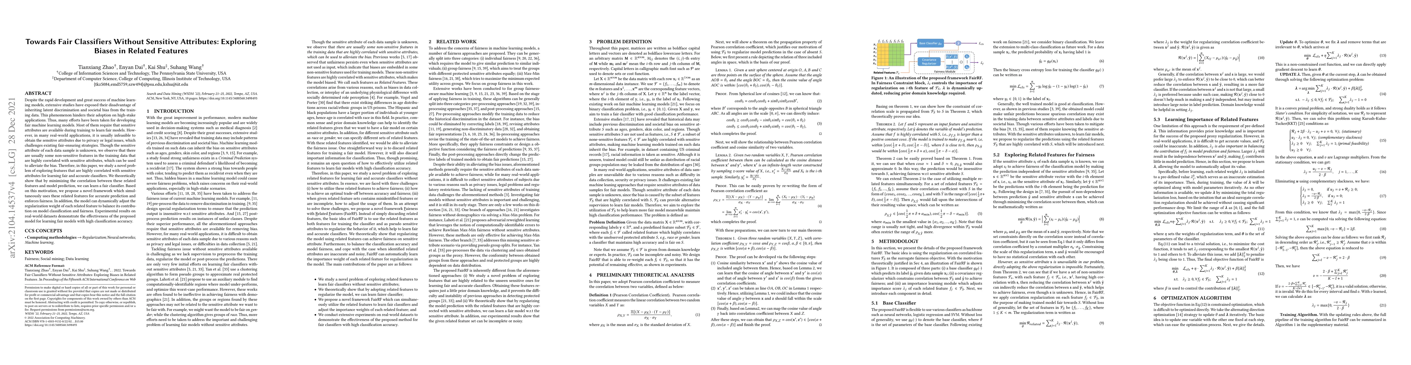 Thumbnail for Towards Fair Classifiers Without Sensitive Attributes: Exploring Biases
  in Related Features