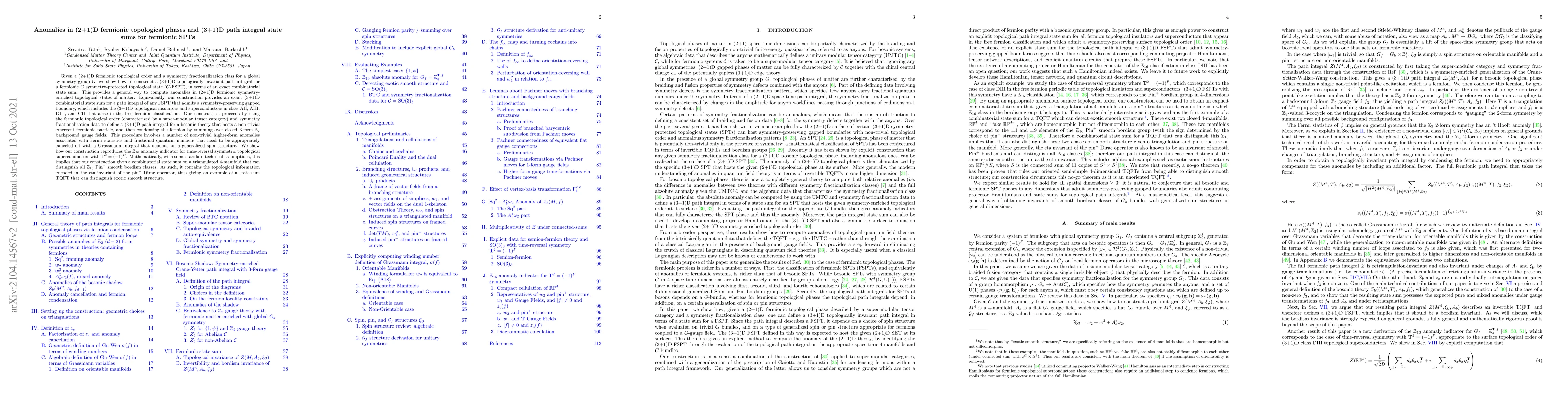 Thumbnail for Anomalies in (2+1)D fermionic topological phases and (3+1)D path
  integral state sums for fermionic SPTs