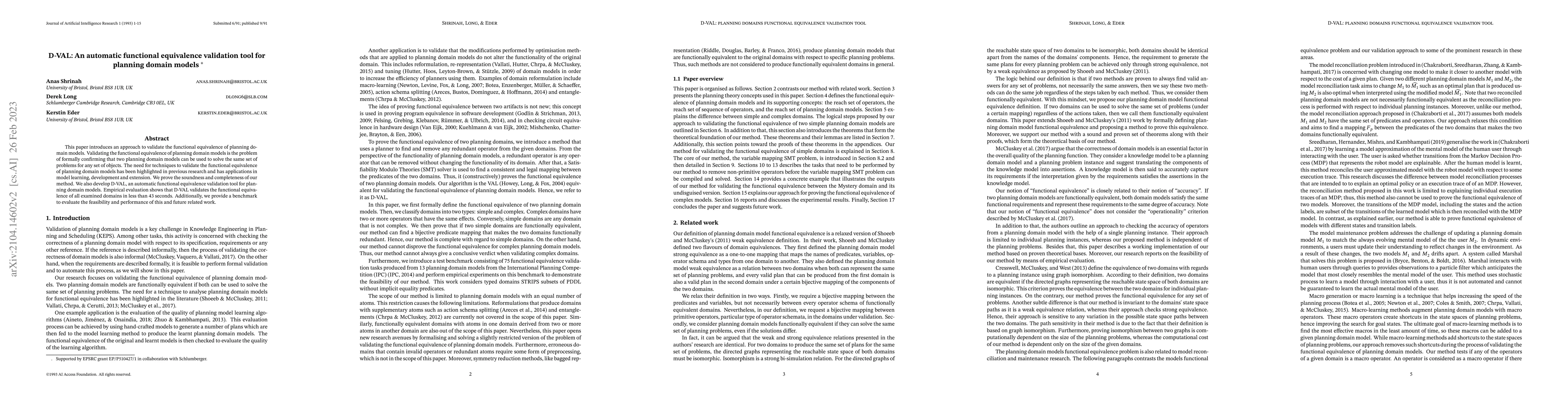Thumbnail for D-VAL: An automatic functional equivalence validation tool for planning
  domain models