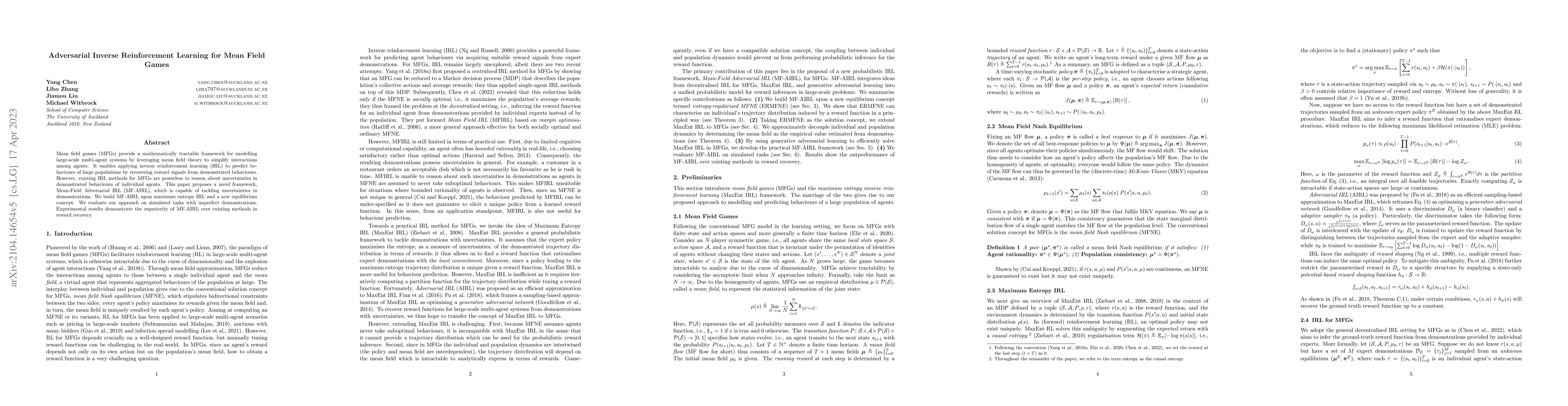 Thumbnail for Adversarial Inverse Reinforcement Learning for Mean Field Games