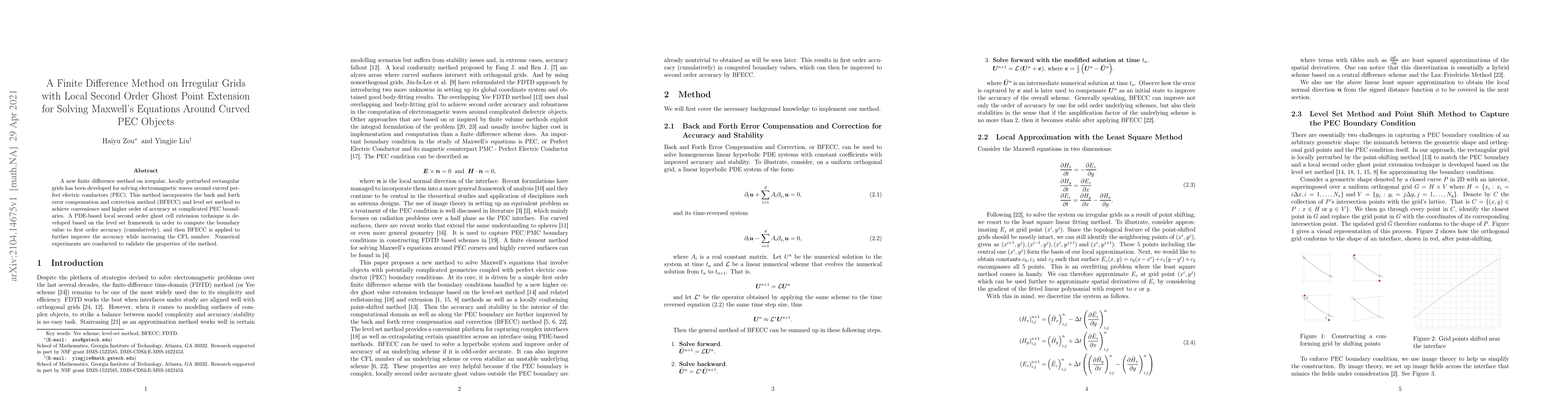Thumbnail for A Finite Difference Method on Irregular Grids with Local Second Order
  Ghost Point Extension for Solving Maxwell's Equations Around Curved PEC
  Objects