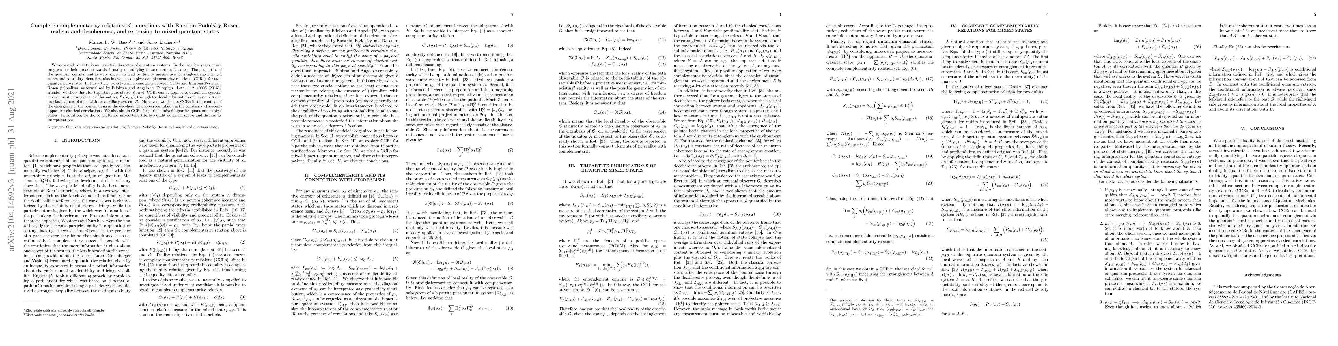 Thumbnail for Complete complementarity relations: Connections with EPR realism and
  decoherence and extension to mixed quantum states