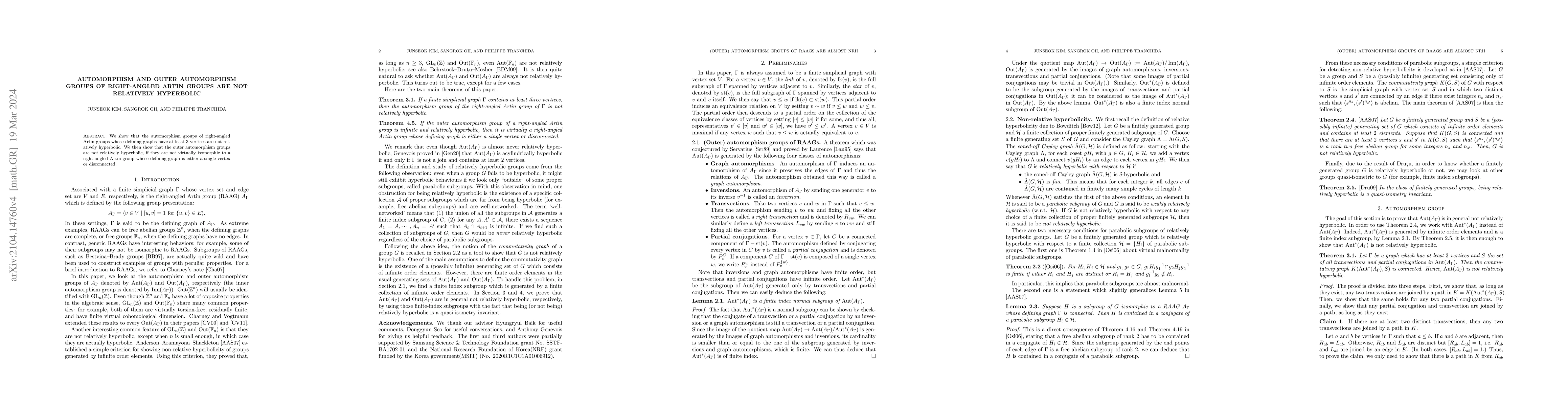 Thumbnail for Automorphism and outer automorphism groups of Right-angled Artin groups
  are not relatively hyperbolic