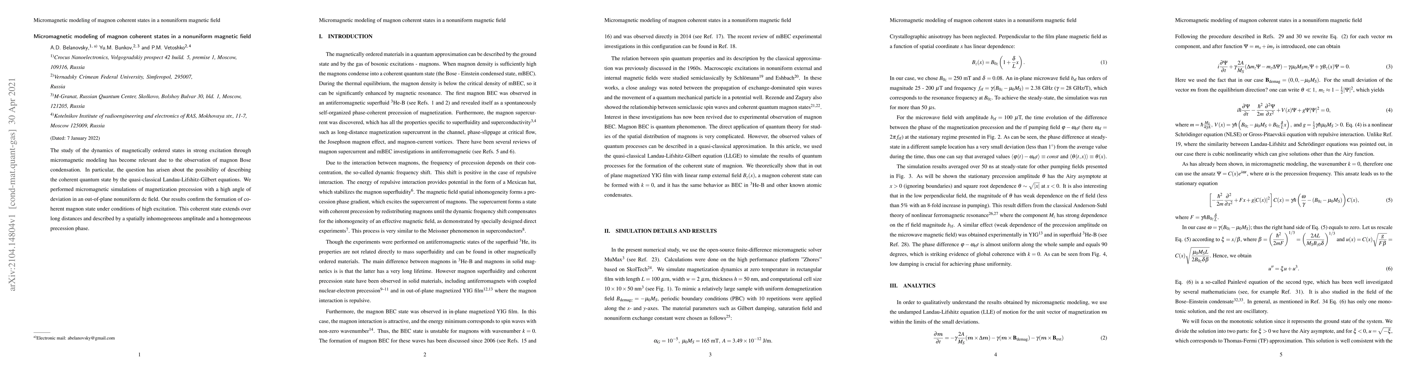 Thumbnail for Micromagnetic modeling of magnon coherent states in a nonuniform
  magnetic field